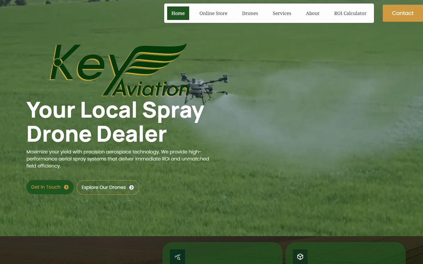 Archived Key Aviation homepage showing agricultural drone product presentation