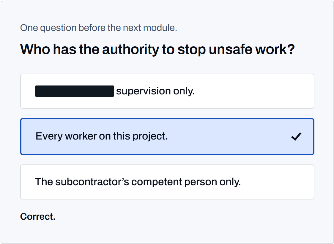 An anonymized safety orientation question showing written answer feedback