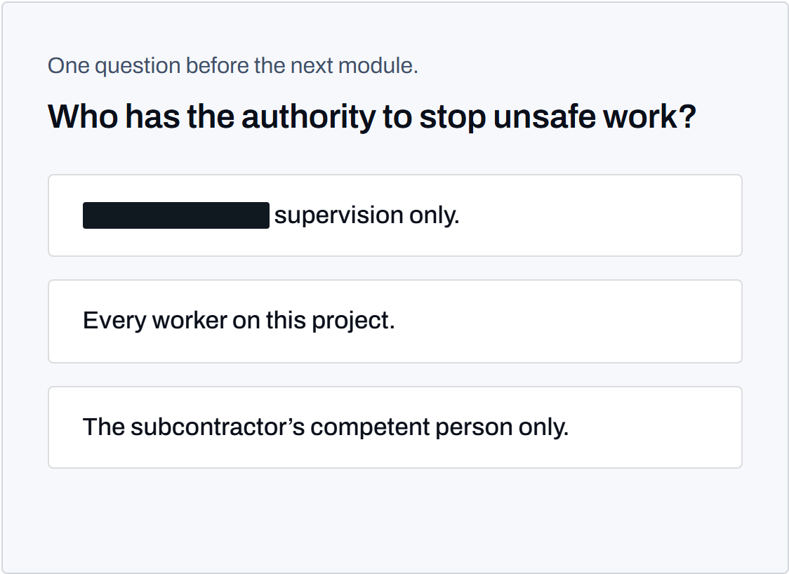 An anonymized safety orientation module with a multiple-choice comprehension question