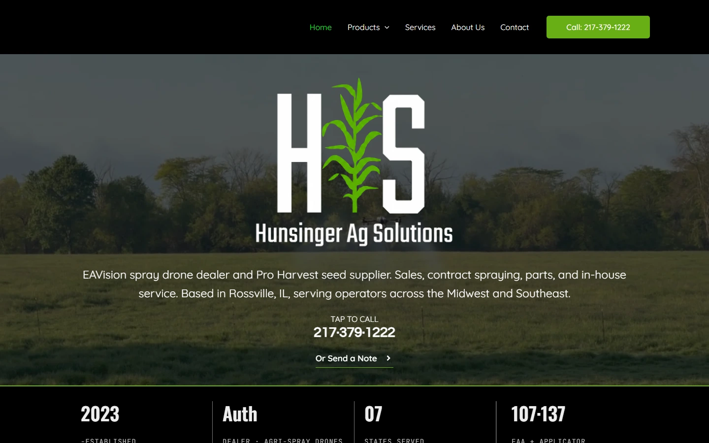 Archived Hunsinger Ag homepage showing the earlier dealer description and agricultural drone presentation