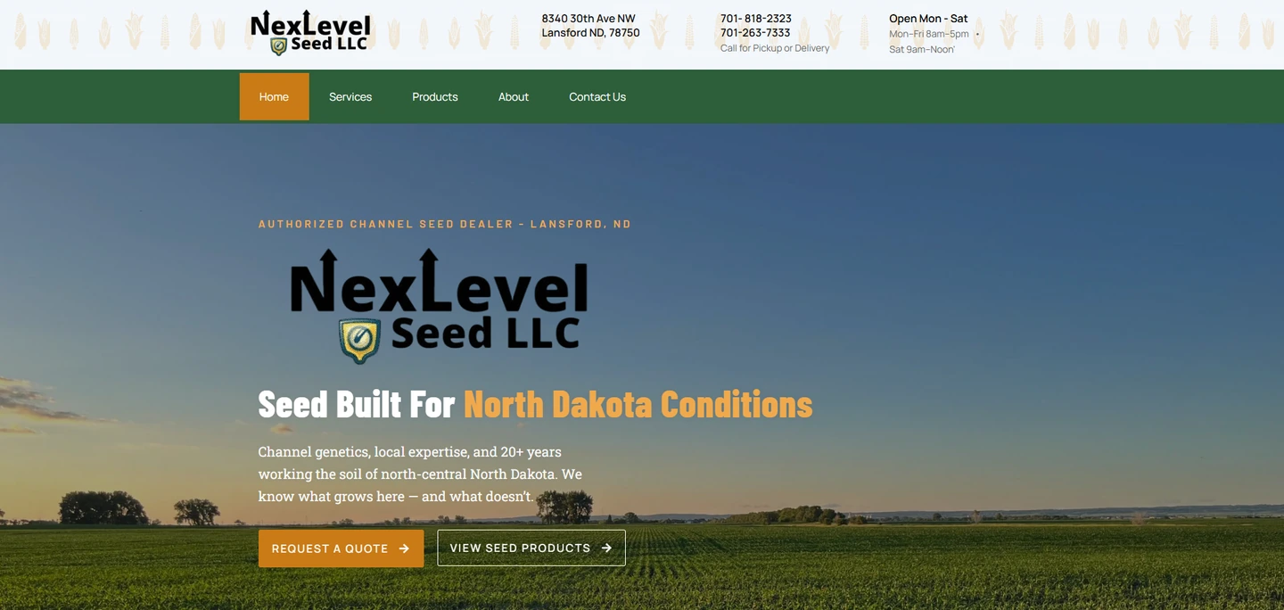 Archived NexLevel Seed homepage with seed-product and quote actions