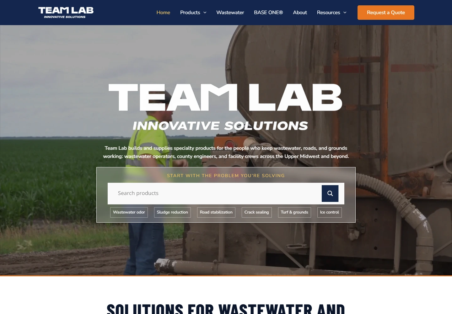 Team Lab homepage with product search, product categories and industrial product imagery